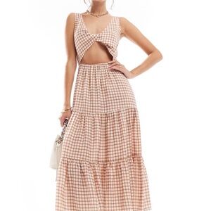 ASOS Beige Gingham Cutout Midi Dress